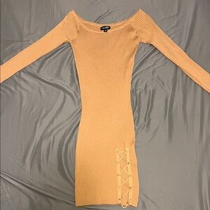 Say What? Tan Long-Sleeve Dress with Lace-Up Detail
